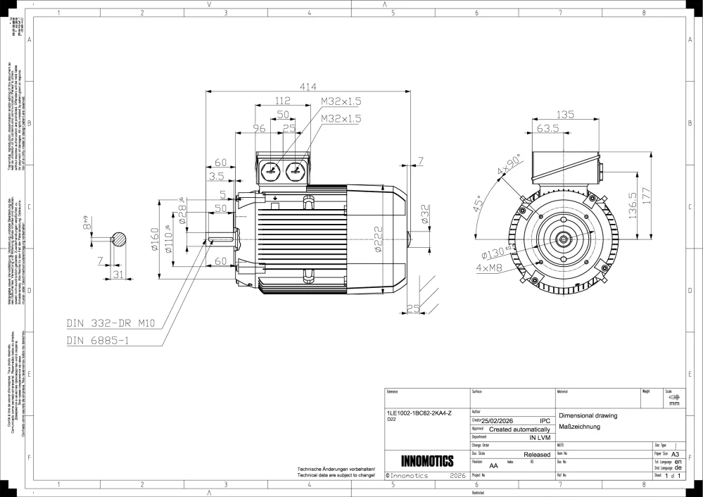 Elektromotor INNOMOTICS 3kW, 945ot., 1LE1002-1BC62-2KA4
